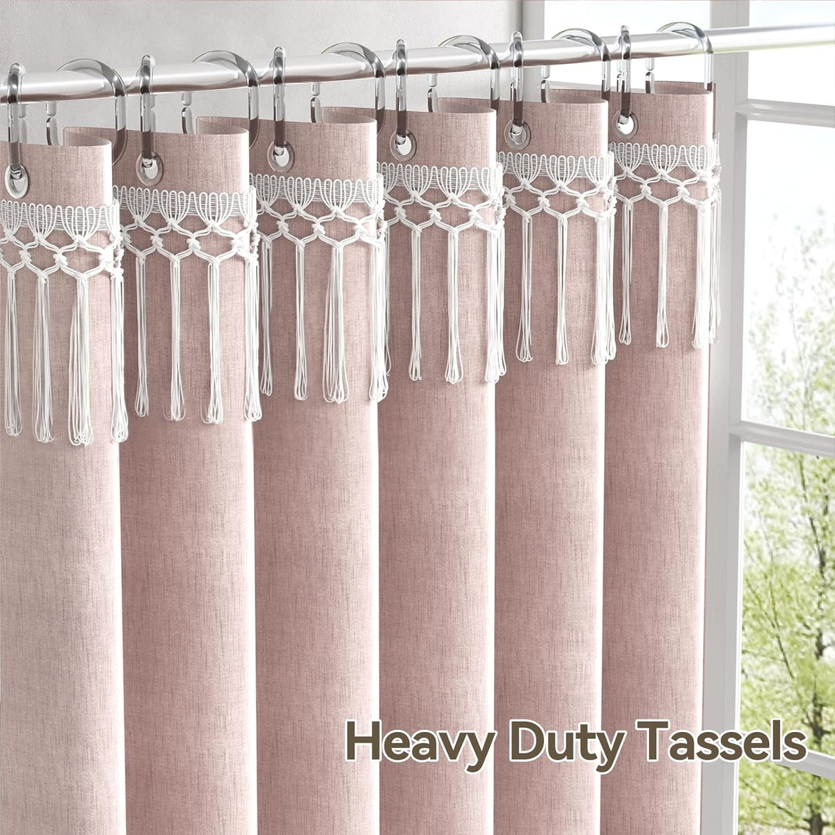 Pink Boho Shower Curtains for Bathroom, Farmhouse Shower Curtain with Top Tassels, Pink Shower Curtain Set, Faux Linen Fabric Shower Curtain with 12 Hooks, Hotel Quality, 72x72 Inches