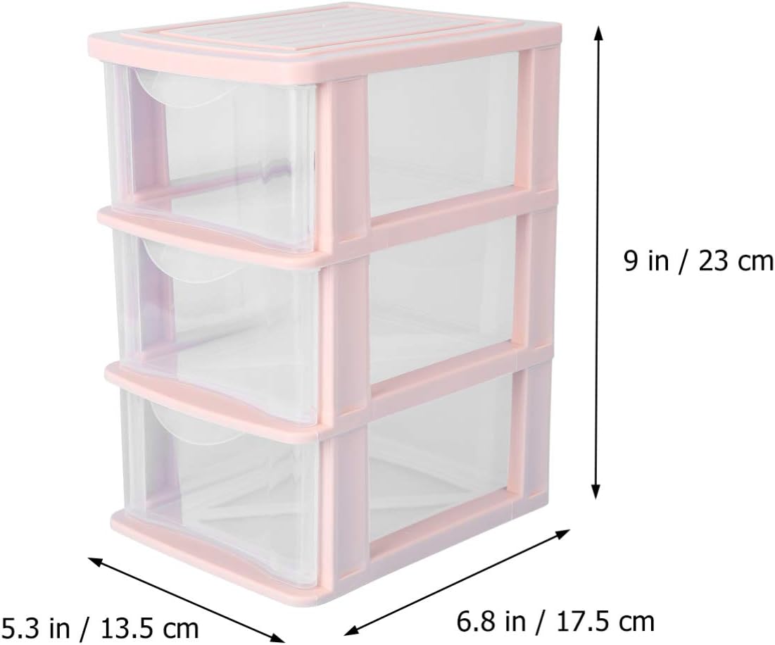 Pink Plastic Storage Drawers 3-Layer Clear Drawer Organizer Box for Desktop Makeup and Stationery Storage 9.06X6.89X5.31 Inches Dustproof Unit