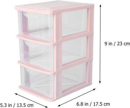 Pink Plastic Storage Drawers 3-Layer Clear Drawer Organizer Box for Desktop Makeup and Stationery Storage 9.06X6.89X5.31 Inches Dustproof Unit