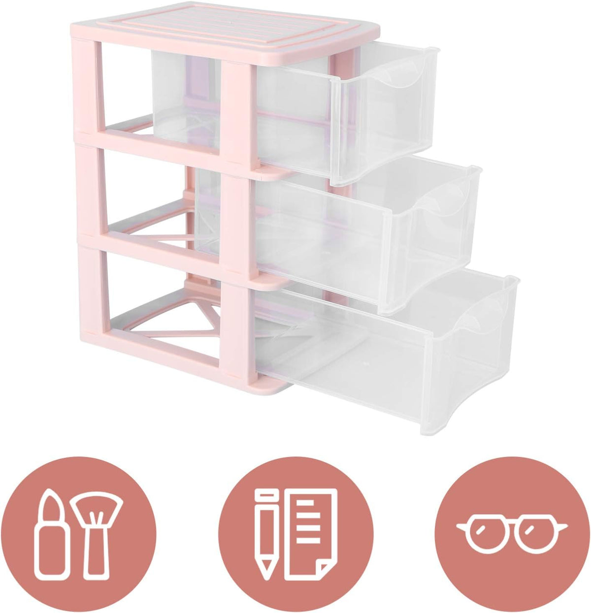 Pink Plastic Storage Drawers 3-Layer Clear Drawer Organizer Box for Desktop Makeup and Stationery Storage 9.06X6.89X5.31 Inches Dustproof Unit