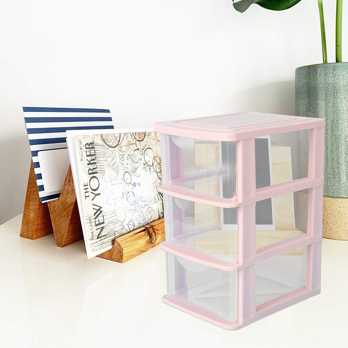 Pink Plastic Storage Drawers 3-Layer Clear Drawer Organizer Box for Desktop Makeup and Stationery Storage 9.06X6.89X5.31 Inches Dustproof Unit