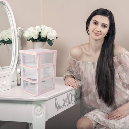 Pink Plastic Storage Drawers 3-Layer Clear Drawer Organizer Box for Desktop Makeup and Stationery Storage 9.06X6.89X5.31 Inches Dustproof Unit