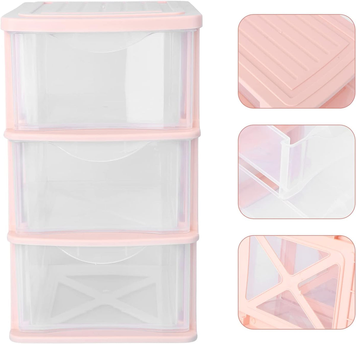 Pink Plastic Storage Drawers 3-Layer Clear Drawer Organizer Box for Desktop Makeup and Stationery Storage 9.06X6.89X5.31 Inches Dustproof Unit