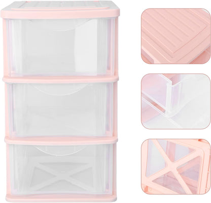 Pink Plastic Storage Drawers 3-Layer Clear Drawer Organizer Box for Desktop Makeup and Stationery Storage 9.06X6.89X5.31 Inches Dustproof Unit