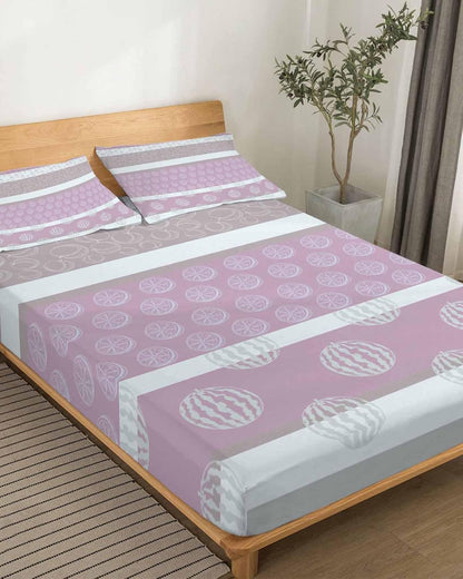 Farm Fruits Queen Size Bed Sheets,Breathable Cooling Sheets with Deep Pocket,Watermelon Lemons Peach Pink Grey Striped Soft Flat Sheet,Fitted Sheet & Pillowcases,4 Piece Wrinkleproof Bedding+Sheets
