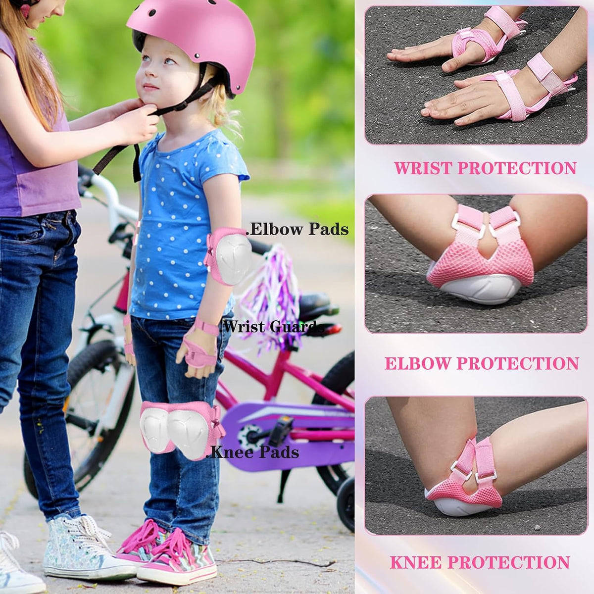Kids/Youth Knee Pads and Elbow Pads Set for Kids 3-14 Years Boys Girls Protective Gear Set Adjustable Knee Pads, Elbow Pads, Wrist Guards Skateboard Skating Skiing Cycling Biking Running Scooter