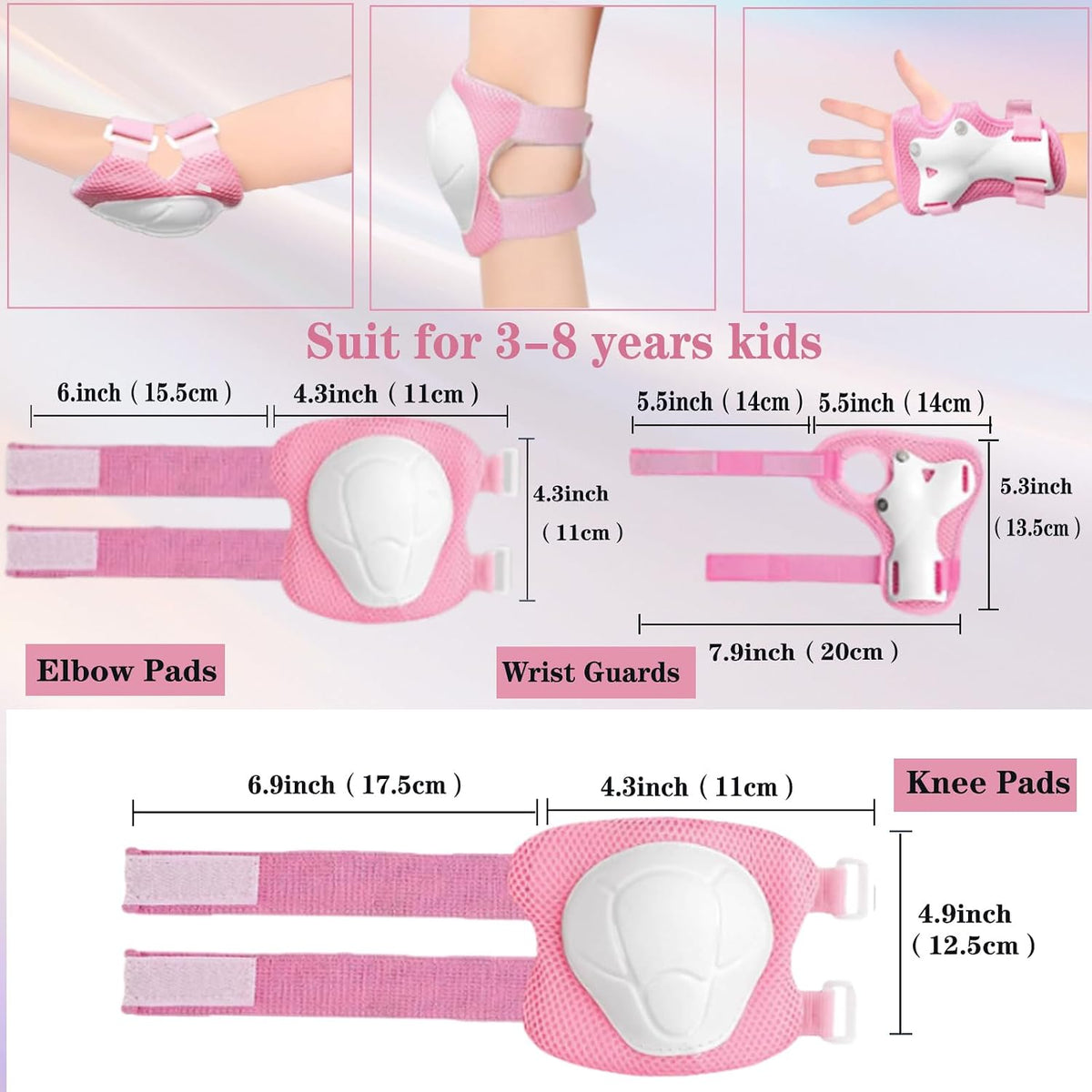 Kids/Youth Knee Pads and Elbow Pads Set for Kids 3-14 Years Boys Girls Protective Gear Set Adjustable Knee Pads, Elbow Pads, Wrist Guards Skateboard Skating Skiing Cycling Biking Running Scooter