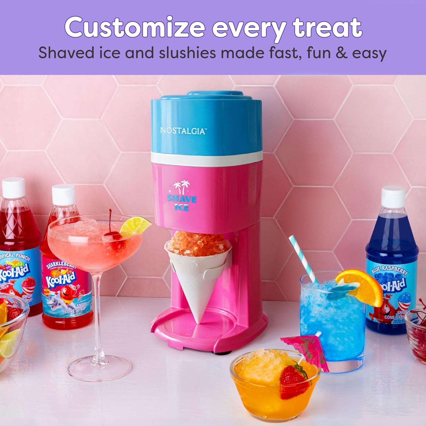 Shave Ice and Snow Cone Machine, Multi-Use Ice Shaver for Frozen Treats, Slushies, Snow Cones, and More – Reusable Cup and Ice Mold, Stainless Steel Blades – Pink