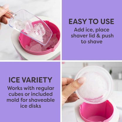 Shave Ice and Snow Cone Machine, Multi-Use Ice Shaver for Frozen Treats, Slushies, Snow Cones, and More – Reusable Cup and Ice Mold, Stainless Steel Blades – Pink