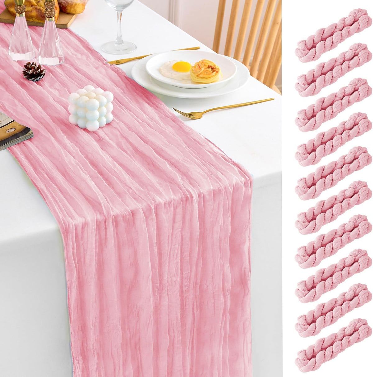 10 Pack Pink Table Runner 21x120 Inch Light Pink Cheesecloth Table Runner 10FT Boho Gauze Table Runners Long Cheese Cloth Table Runner Semi Sheer Runners for Wedding Bridal Baby Shower Party