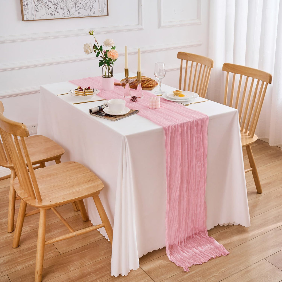 10 Pack Pink Table Runner 21x120 Inch Light Pink Cheesecloth Table Runner 10FT Boho Gauze Table Runners Long Cheese Cloth Table Runner Semi Sheer Runners for Wedding Bridal Baby Shower Party