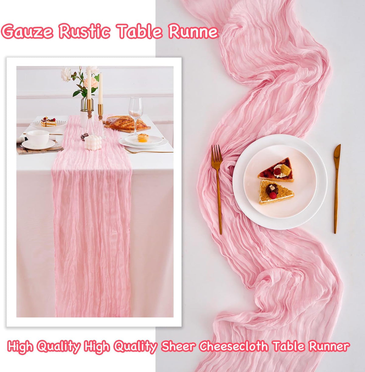 10 Pack Pink Table Runner 21x120 Inch Light Pink Cheesecloth Table Runner 10FT Boho Gauze Table Runners Long Cheese Cloth Table Runner Semi Sheer Runners for Wedding Bridal Baby Shower Party