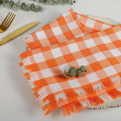 Orange Plaid Napkins Set of 8, White Buffalo Checkered Cotton, Oversized Gingham Napkins for Dinner Parties, Christmas, Thanksgiving