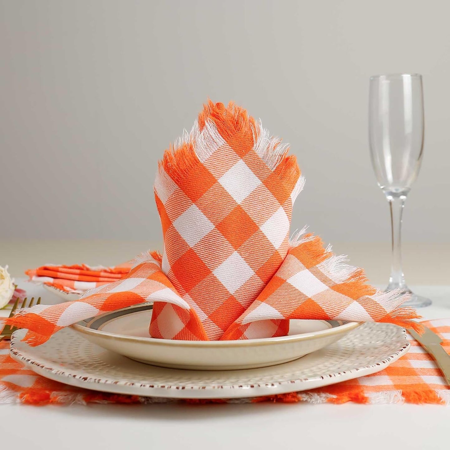 Orange Plaid Napkins Set of 8, White Buffalo Checkered Cotton, Oversized Gingham Napkins for Dinner Parties, Christmas, Thanksgiving