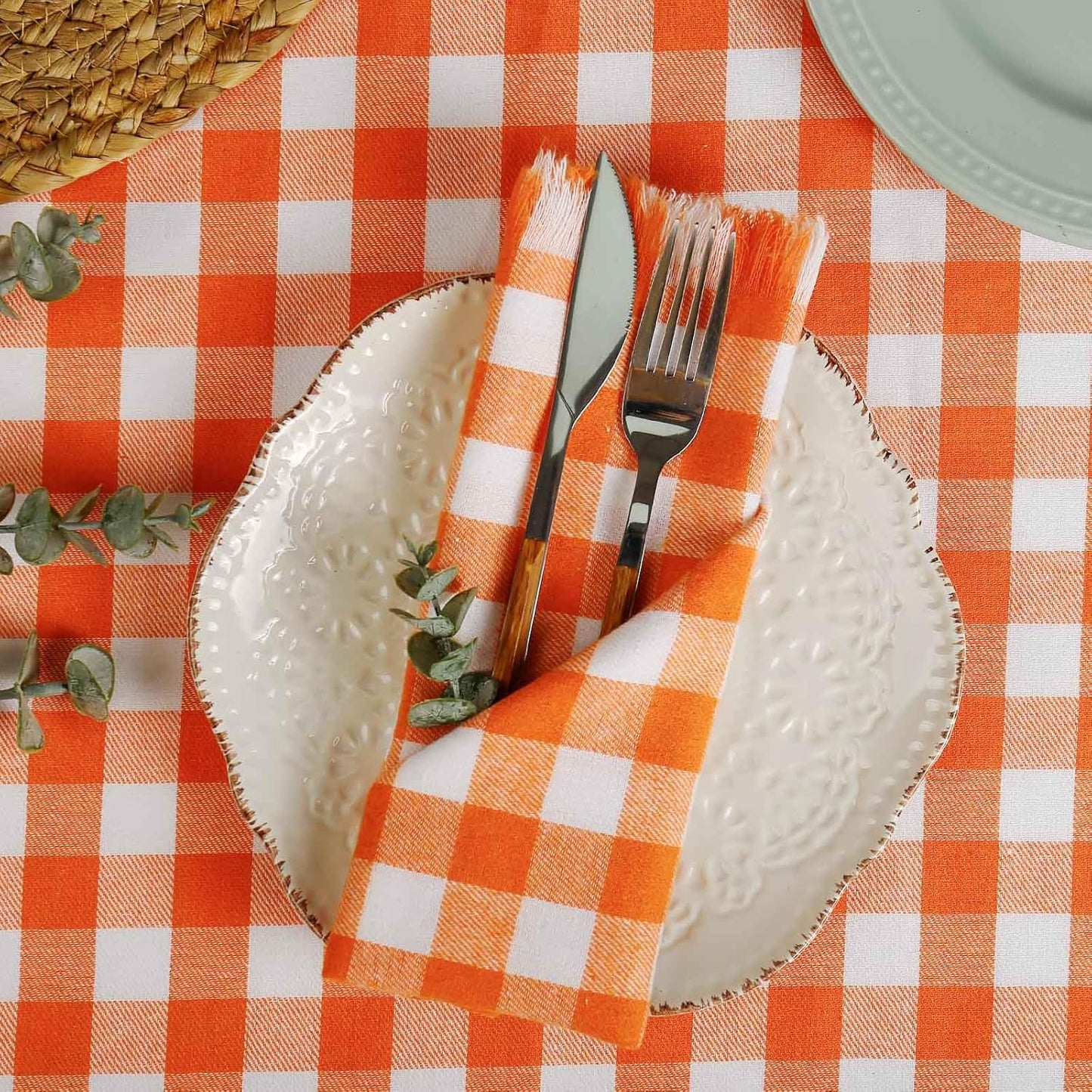 Orange Plaid Napkins Set of 8, White Buffalo Checkered Cotton, Oversized Gingham Napkins for Dinner Parties, Christmas, Thanksgiving
