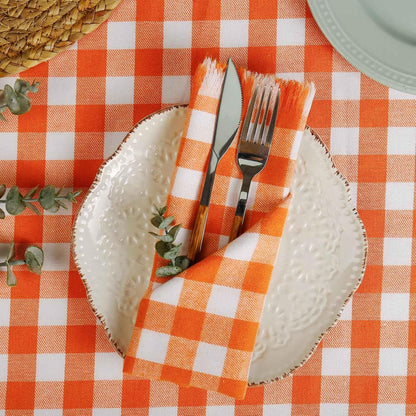 Orange Plaid Napkins Set of 8, White Buffalo Checkered Cotton, Oversized Gingham Napkins for Dinner Parties, Christmas, Thanksgiving