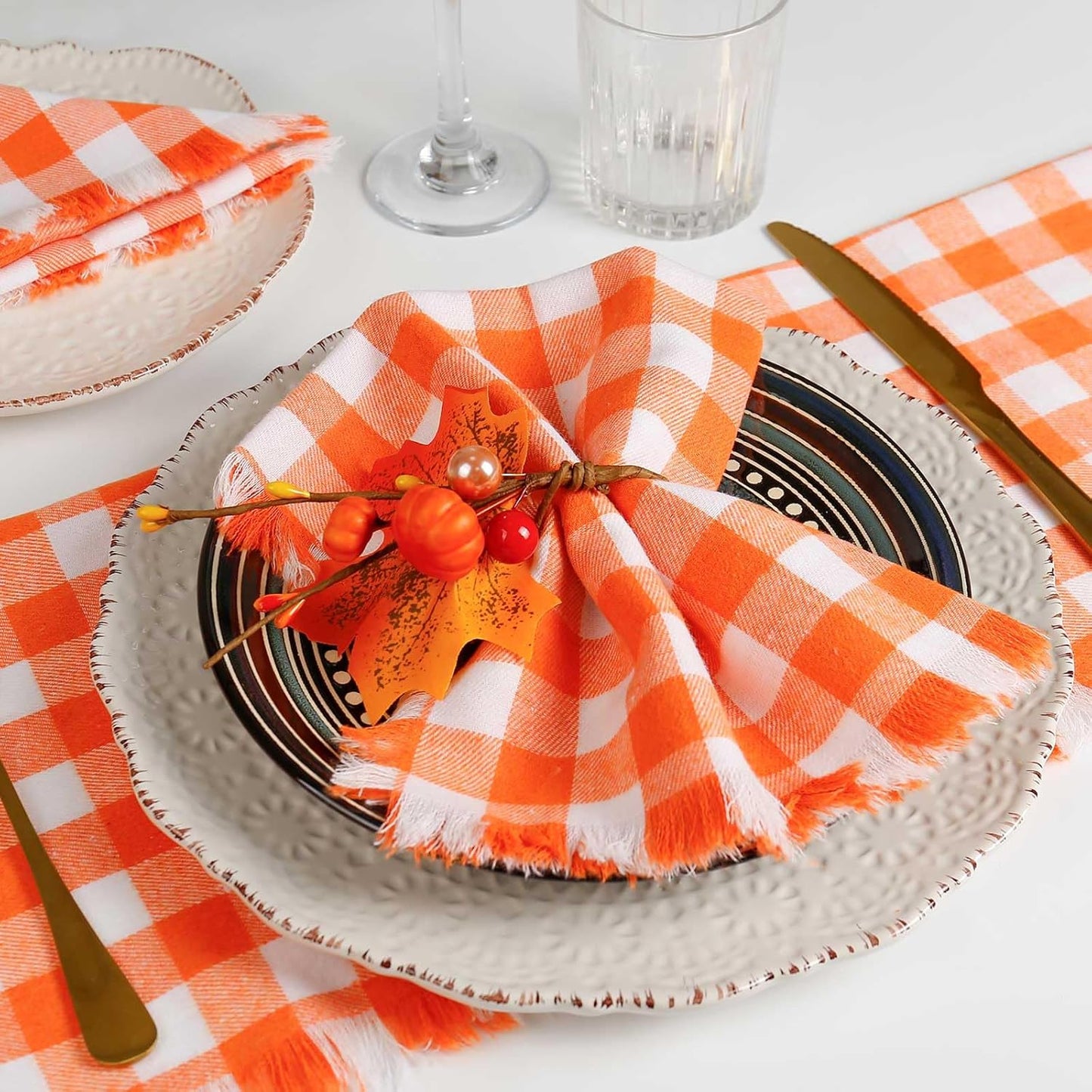 Orange Plaid Napkins Set of 8, White Buffalo Checkered Cotton, Oversized Gingham Napkins for Dinner Parties, Christmas, Thanksgiving
