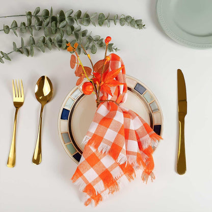 Orange Plaid Napkins Set of 8, White Buffalo Checkered Cotton, Oversized Gingham Napkins for Dinner Parties, Christmas, Thanksgiving