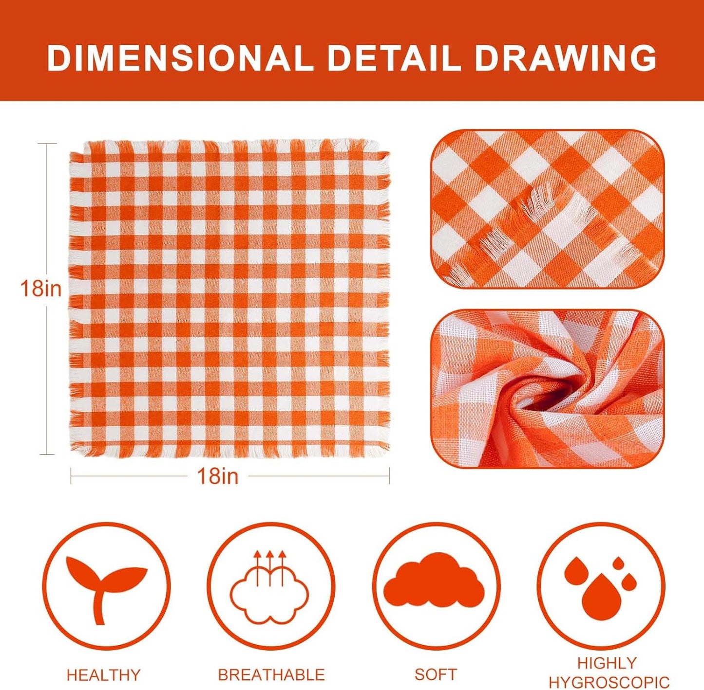 Orange Plaid Napkins Set of 8, White Buffalo Checkered Cotton, Oversized Gingham Napkins for Dinner Parties, Christmas, Thanksgiving