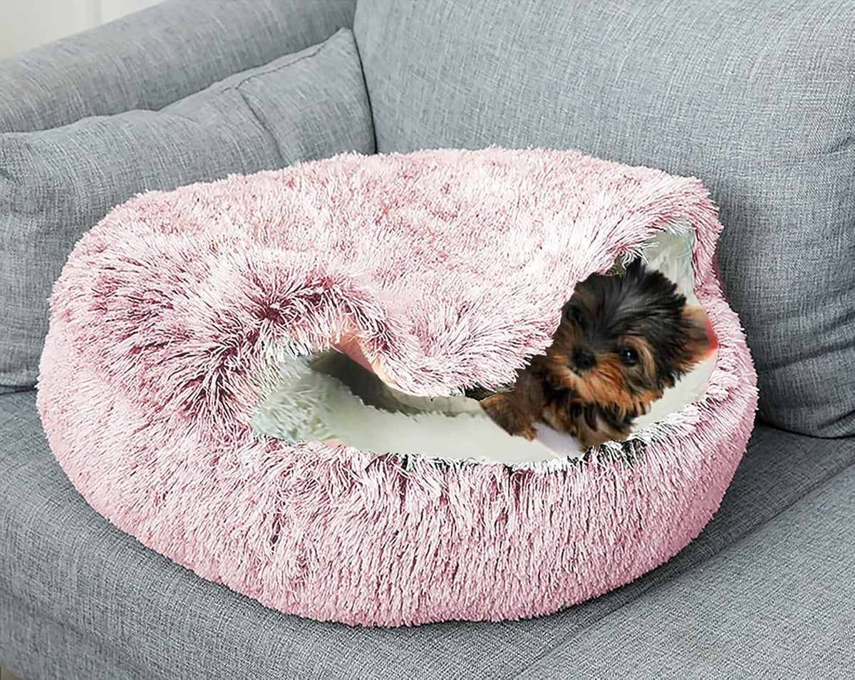Dog Cave Bed for Small Dogs Cats Pets, Anti Anxiety Calming Plush Dog Beds, Fluffy Covered Hooded Cozy Burrow Puppy Beds, Anti-Slip Bottom Washable Pet Sleeping Bag (20" D, Pink)