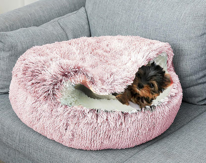 Dog Cave Bed for Small Dogs Cats Pets, Anti Anxiety Calming Plush Dog Beds, Fluffy Covered Hooded Cozy Burrow Puppy Beds, Anti-Slip Bottom Washable Pet Sleeping Bag (20" D, Pink)