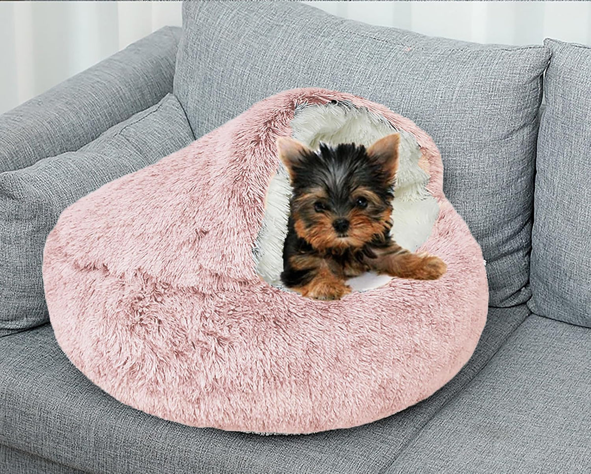 Dog Cave Bed for Small Dogs Cats Pets, Anti Anxiety Calming Plush Dog Beds, Fluffy Covered Hooded Cozy Burrow Puppy Beds, Anti-Slip Bottom Washable Pet Sleeping Bag (20" D, Pink)