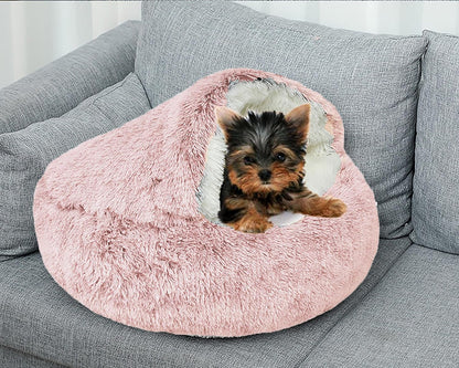 Dog Cave Bed for Small Dogs Cats Pets, Anti Anxiety Calming Plush Dog Beds, Fluffy Covered Hooded Cozy Burrow Puppy Beds, Anti-Slip Bottom Washable Pet Sleeping Bag (20" D, Pink)