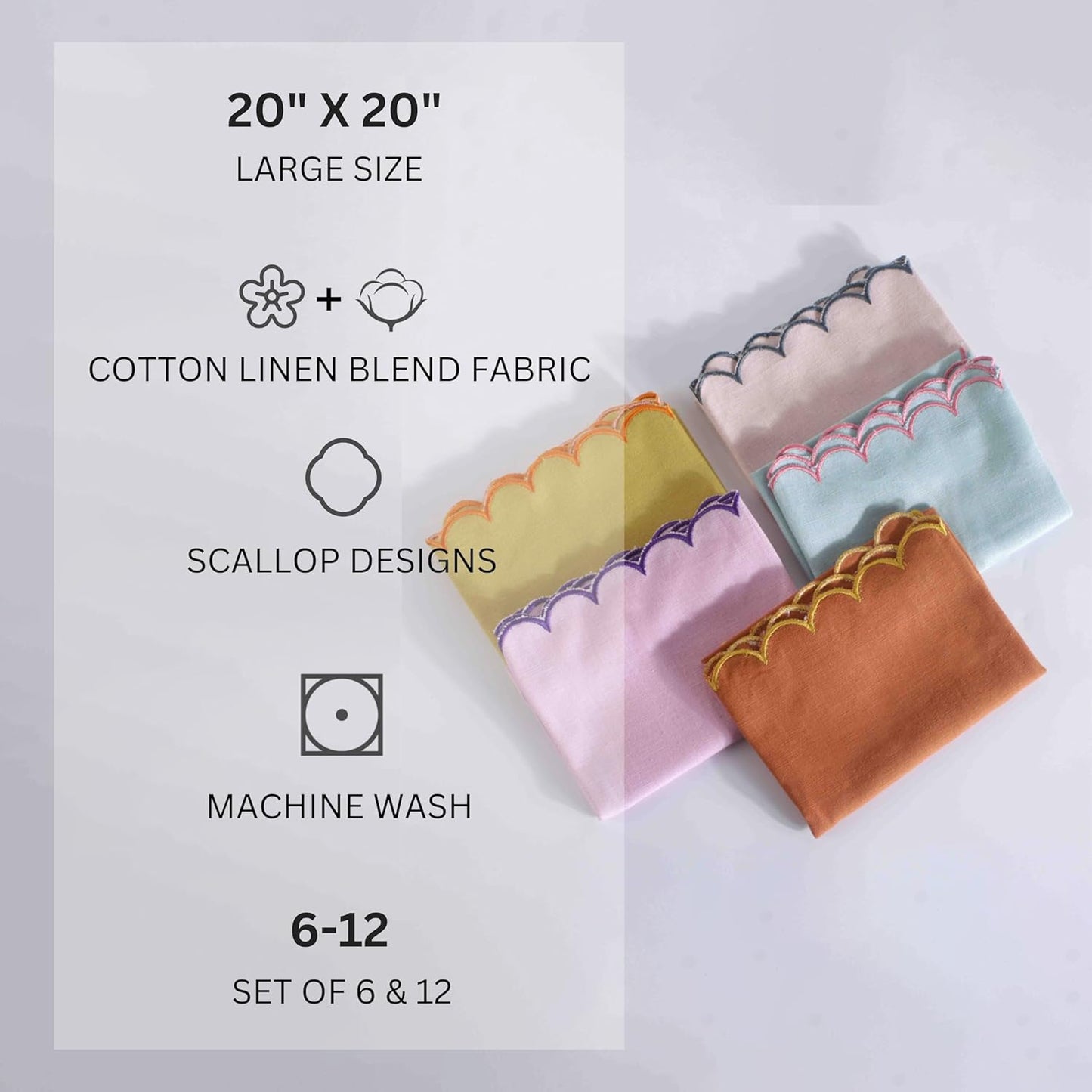 FINGERCRAFT Cloth Napkins, Everyday Use Reversible Scallop Design, Premium Quality Cotton Linen Blend Napkin Set of 6 Perfect for Parties Dinners Weddings Easter Napkin Cloth 20x20 Inch Dusty Pink