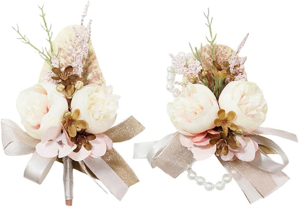 Wrist Corsage & Boutonniere Set, Creamy+Brown+Pink, 2 Pieces