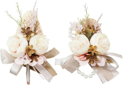 Wrist Corsage & Boutonniere Set, Creamy+Brown+Pink, 2 Pieces