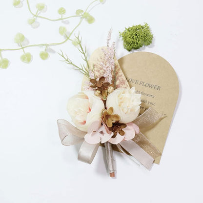 Wrist Corsage & Boutonniere Set, Creamy+Brown+Pink, 2 Pieces
