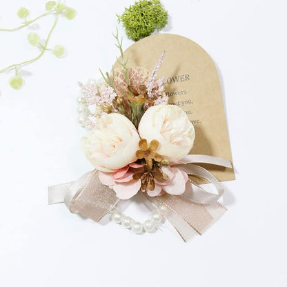 Wrist Corsage & Boutonniere Set, Creamy+Brown+Pink, 2 Pieces