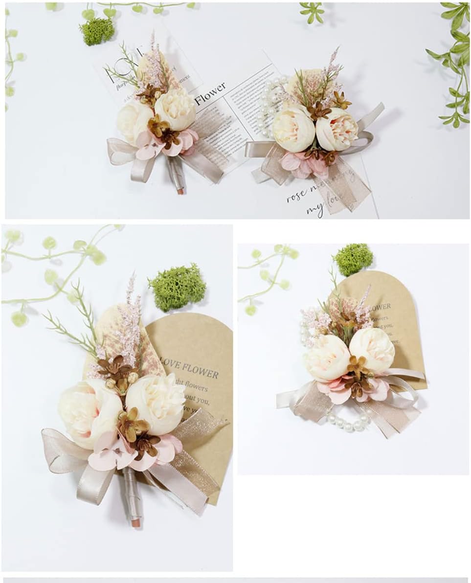 Wrist Corsage & Boutonniere Set, Creamy+Brown+Pink, 2 Pieces