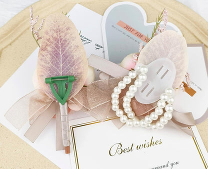 Wrist Corsage & Boutonniere Set, Creamy+Brown+Pink, 2 Pieces