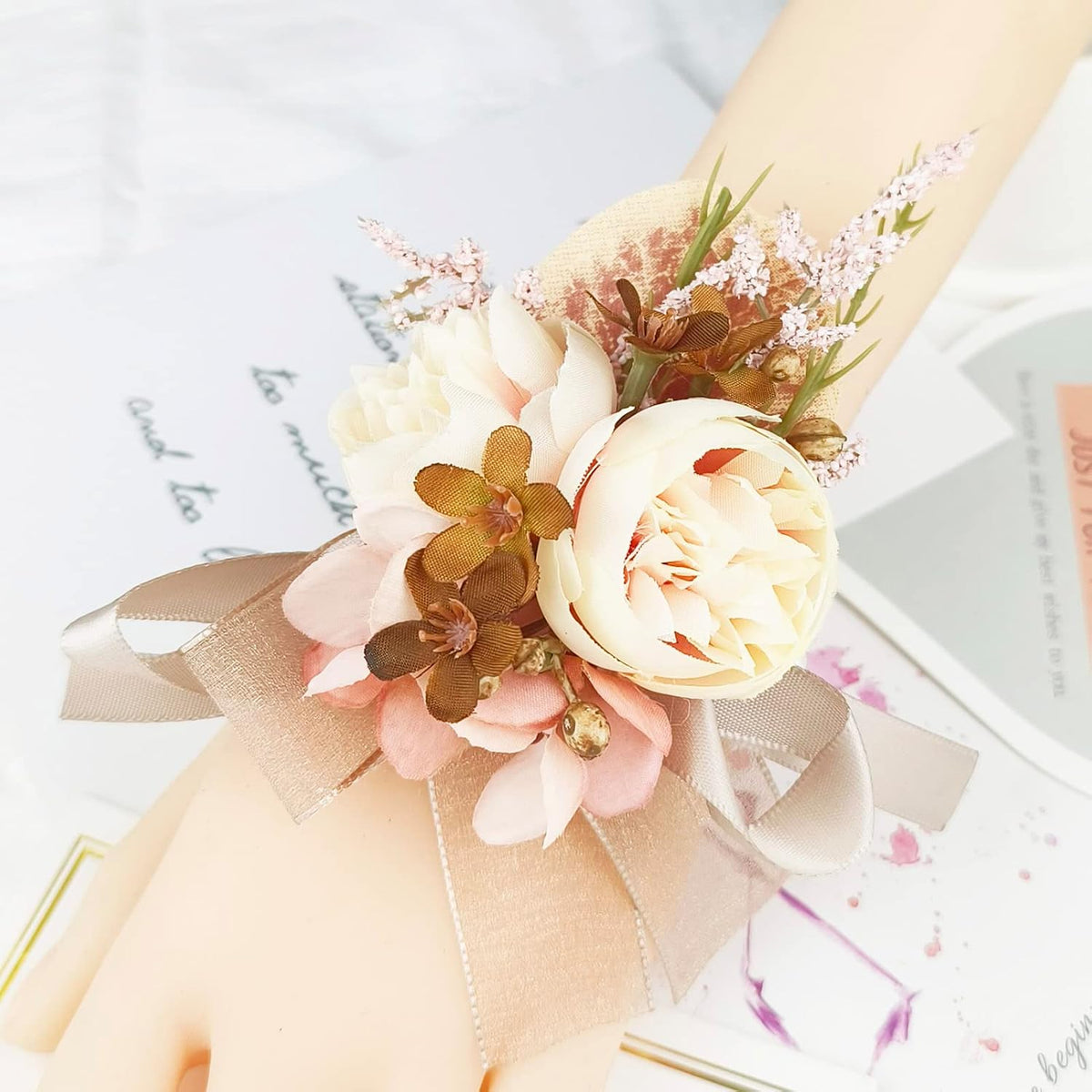 Wrist Corsage & Boutonniere Set, Creamy+Brown+Pink, 2 Pieces