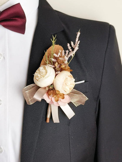 Wrist Corsage & Boutonniere Set, Creamy+Brown+Pink, 2 Pieces