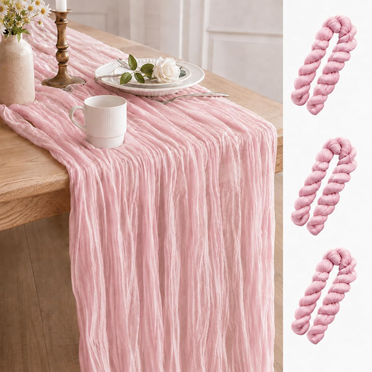 3 Pcs Light Pink Cheesecloth Table Runner, 35×120 inch, Pink Boho Gauze Rustic Sheer Table Runner, Table Runners for Valentine'Day Baby Shower Birthday Wedding Bridal Holiday Home Decoration