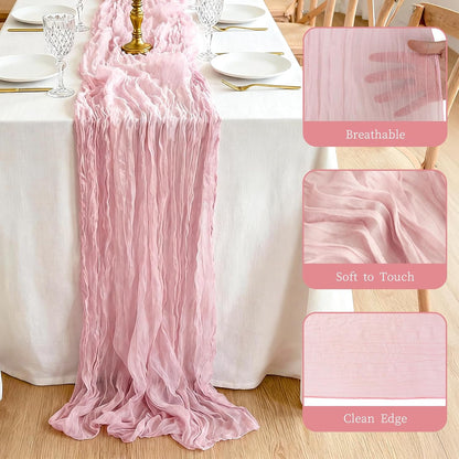 3 Pcs Light Pink Cheesecloth Table Runner, 35×120 inch, Pink Boho Gauze Rustic Sheer Table Runner, Table Runners for Valentine'Day Baby Shower Birthday Wedding Bridal Holiday Home Decoration