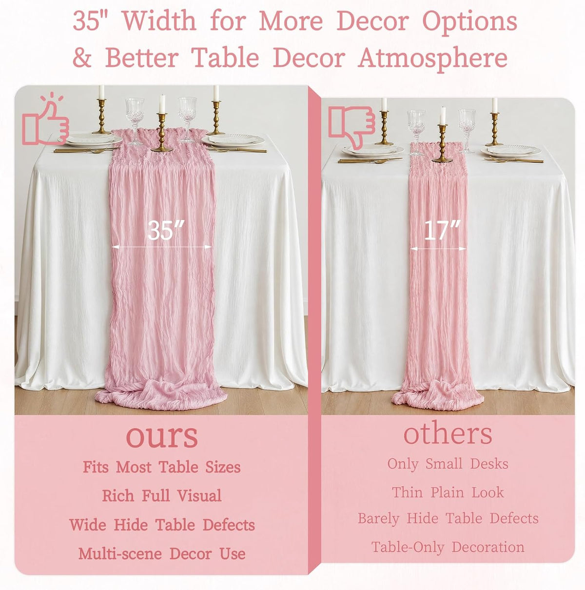 3 Pcs Light Pink Cheesecloth Table Runner, 35×120 inch, Pink Boho Gauze Rustic Sheer Table Runner, Table Runners for Valentine'Day Baby Shower Birthday Wedding Bridal Holiday Home Decoration
