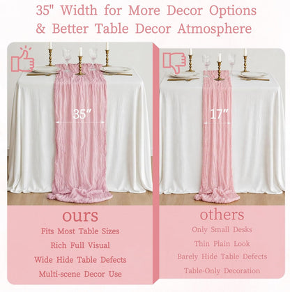 3 Pcs Light Pink Cheesecloth Table Runner, 35×120 inch, Pink Boho Gauze Rustic Sheer Table Runner, Table Runners for Valentine'Day Baby Shower Birthday Wedding Bridal Holiday Home Decoration