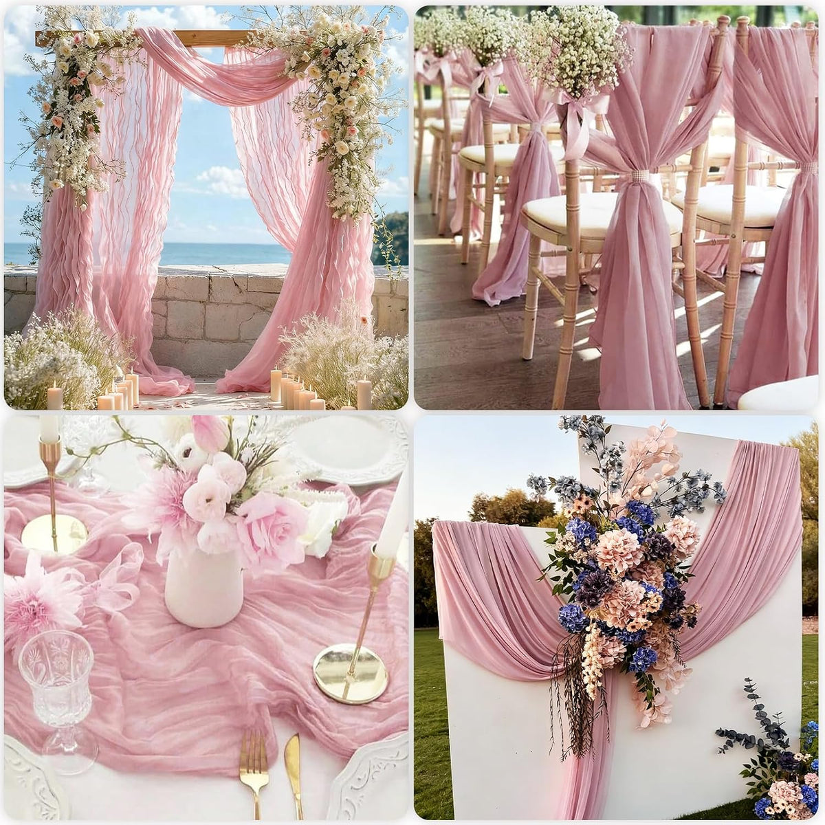 3 Pcs Light Pink Cheesecloth Table Runner, 35×120 inch, Pink Boho Gauze Rustic Sheer Table Runner, Table Runners for Valentine'Day Baby Shower Birthday Wedding Bridal Holiday Home Decoration