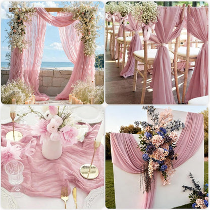 3 Pcs Light Pink Cheesecloth Table Runner, 35×120 inch, Pink Boho Gauze Rustic Sheer Table Runner, Table Runners for Valentine'Day Baby Shower Birthday Wedding Bridal Holiday Home Decoration