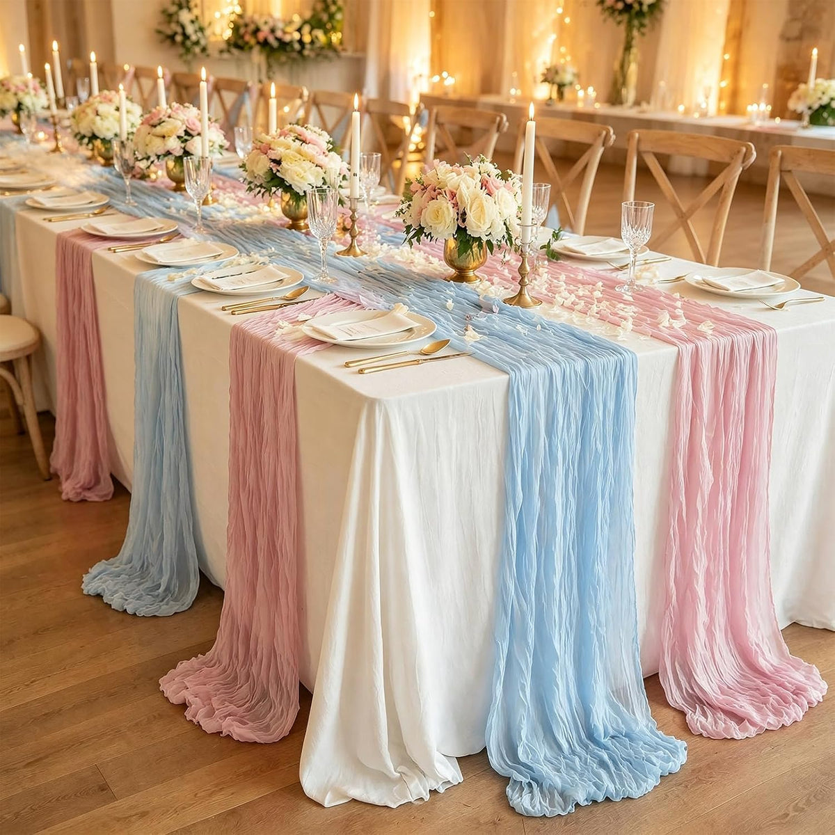 3 Pcs Light Pink Cheesecloth Table Runner, 35×120 inch, Pink Boho Gauze Rustic Sheer Table Runner, Table Runners for Valentine'Day Baby Shower Birthday Wedding Bridal Holiday Home Decoration