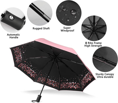 Sun Umbrella-Auto Open Close Folding Rain Umbrella,Waterproof Travel Women Parasol Automatic Umbrellas