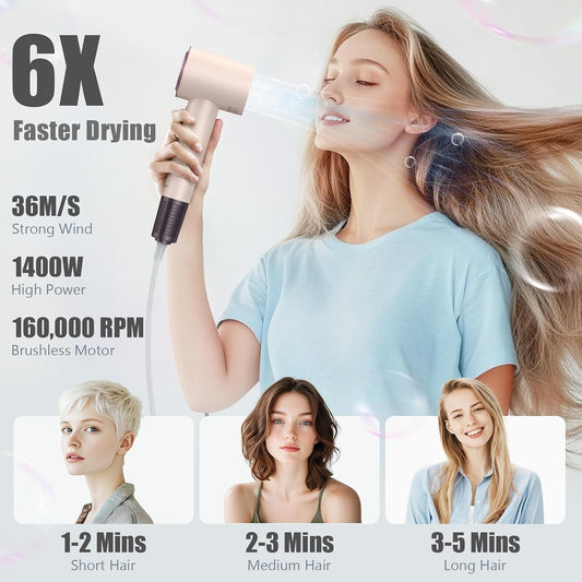 (OUTLET) 110,000 RPM Professional Hair Dryer - 0.8lb Ultra-Lightweight, 2 Billion Ion Technology for 98% Frizz Reduction, AI Smart-Temp Control, Magnetic Attachments for All Hair Types (Pink)