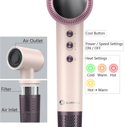 (OUTLET) 110,000 RPM Professional Hair Dryer - 0.8lb Ultra-Lightweight, 2 Billion Ion Technology for 98% Frizz Reduction, AI Smart-Temp Control, Magnetic Attachments for All Hair Types (Pink)