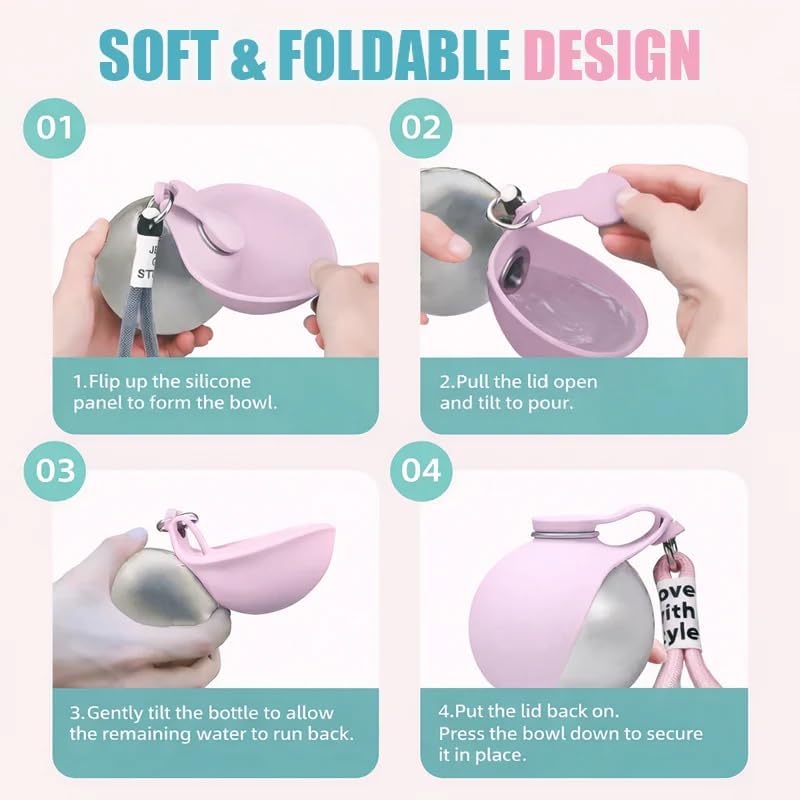 2026 New Model Pet Water Bottle-2-in-1 Portable Dog Water Bottle for Small Dogs Leak-Proof Stainless Steel Design, Ideal for Hiking, Compact Pet Drinking Bowl (Pink)