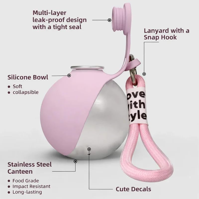 2026 New Model Pet Water Bottle-2-in-1 Portable Dog Water Bottle for Small Dogs Leak-Proof Stainless Steel Design, Ideal for Hiking, Compact Pet Drinking Bowl (Pink)