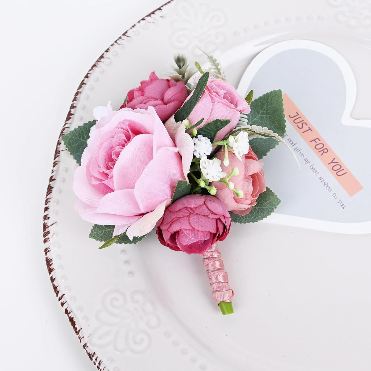 Boutonniere Corsage Set, Pink+Dark Pink, 2 Pieces
