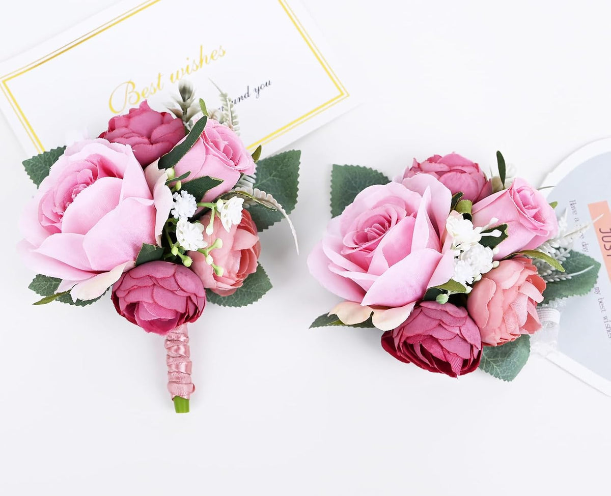Boutonniere Corsage Set, Pink+Dark Pink, 2 Pieces